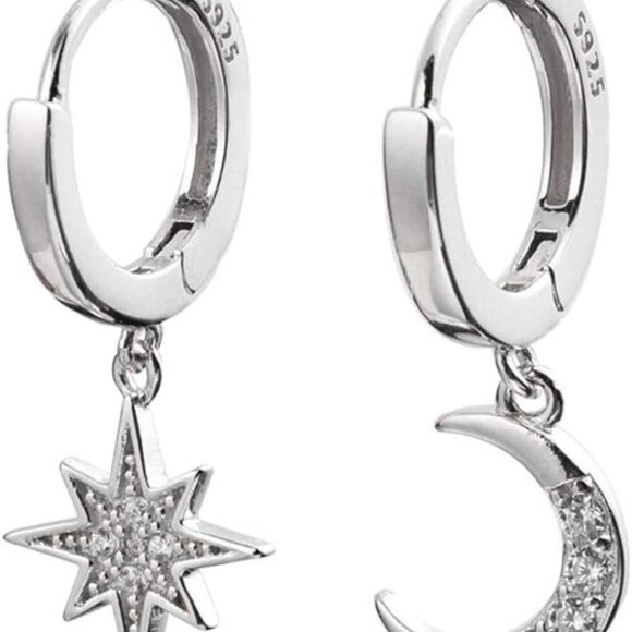 Hypoallergenic Mini Hoops with Asymmetrical Moon & Star - Elegant Silver Jewelry - Picture 1 of 6